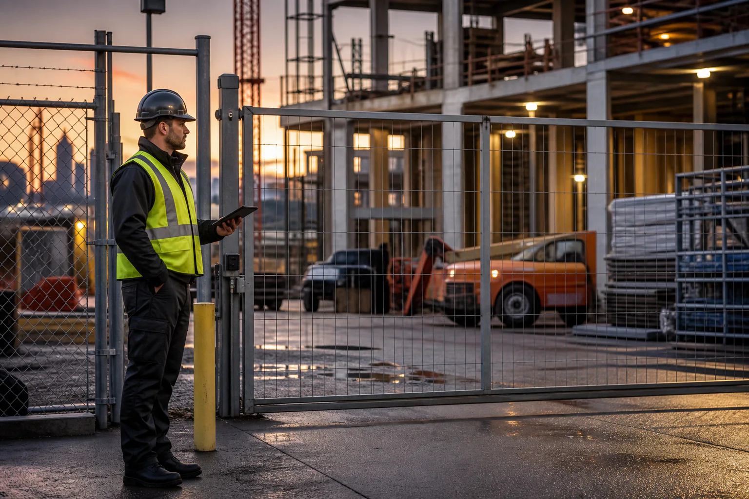 Construction security officer documenting access at a controlled site gate