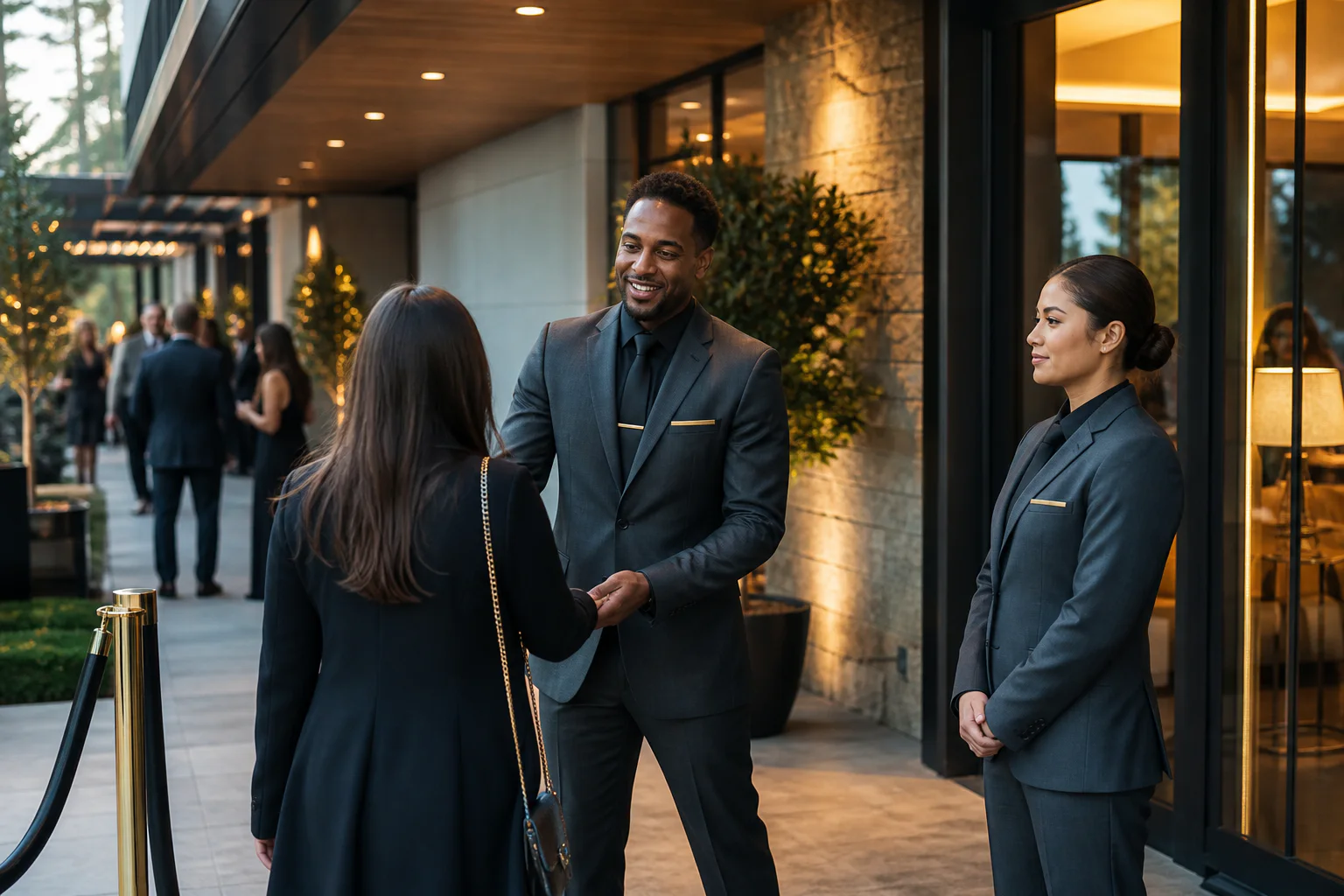Guest-facing event security professionals welcoming an attendee