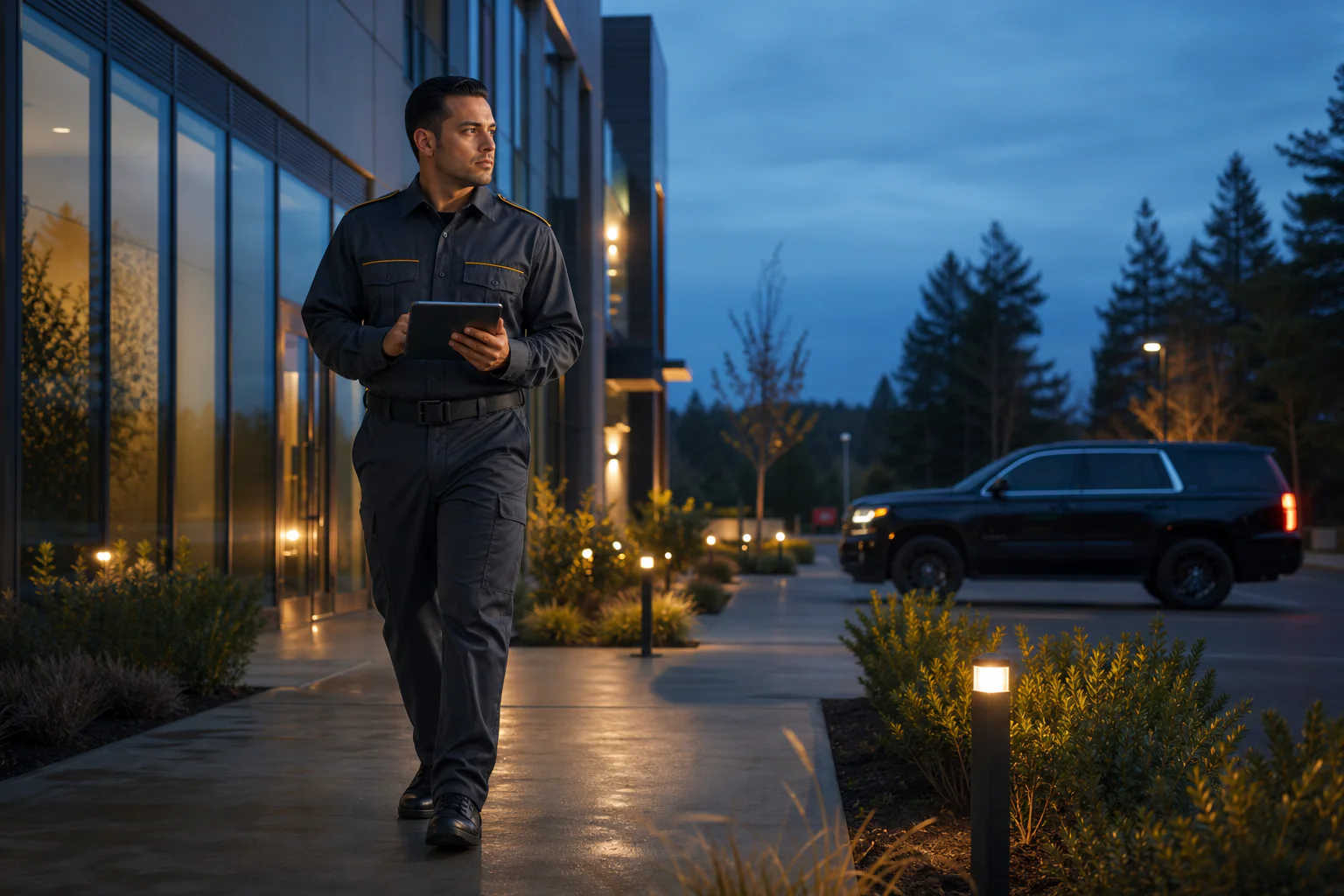 Mobile patrol officer documenting an evening commercial property check