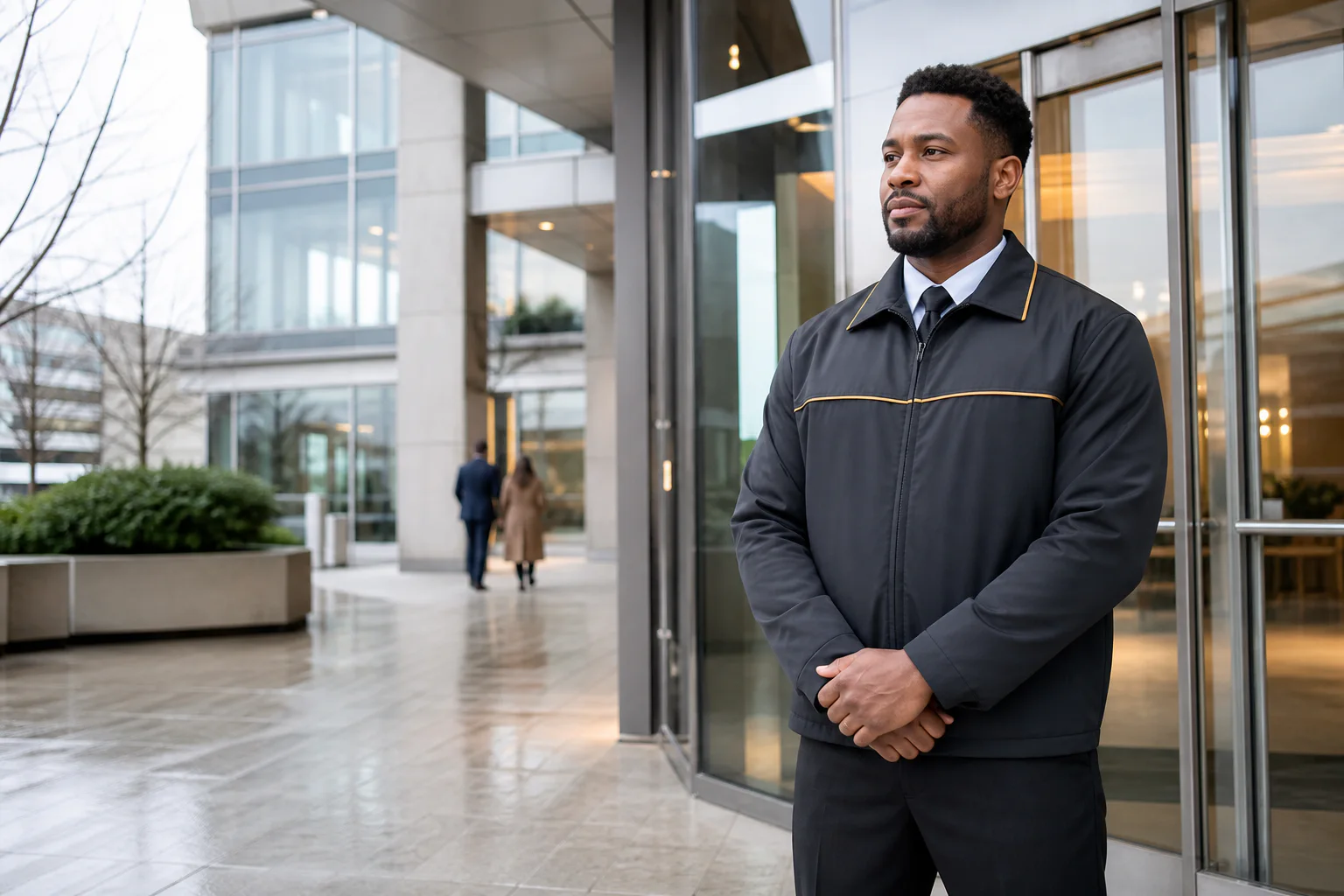 Professional unarmed security officer monitoring a modern commercial entrance